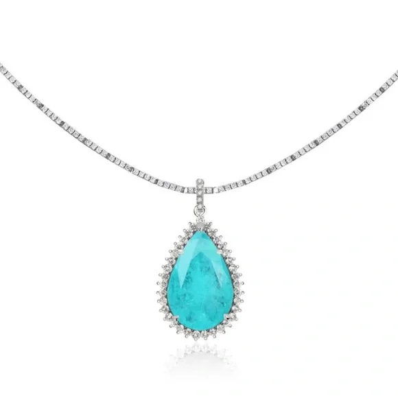 Gorgeous Halo Pear Cut Lake Blue Sapphire Pendant Necklace - Picture 3 of 4